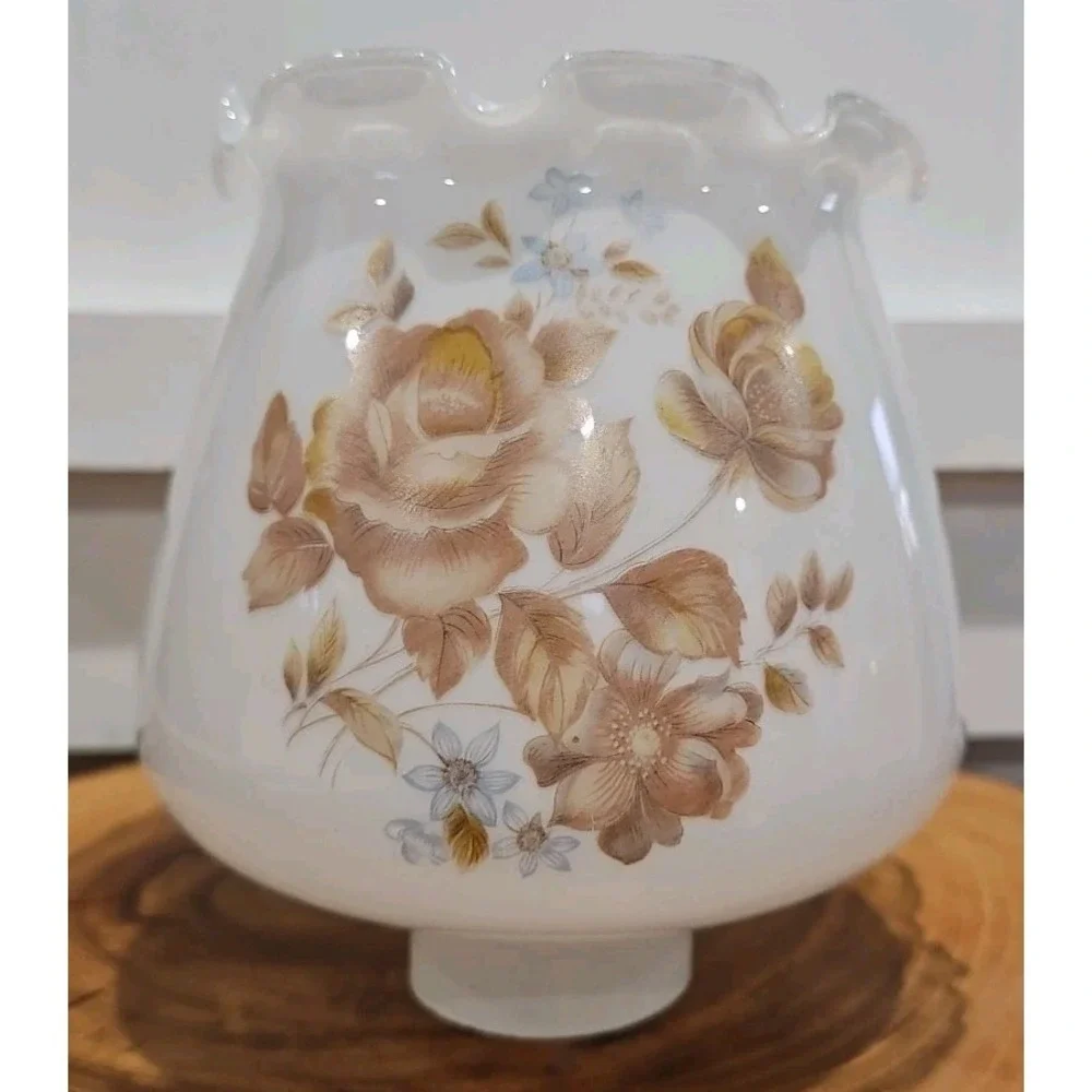 Vintage Milk Glass Hurricane Floral Lamp Shade With Ruffled Top 1.5 Inc Fitter